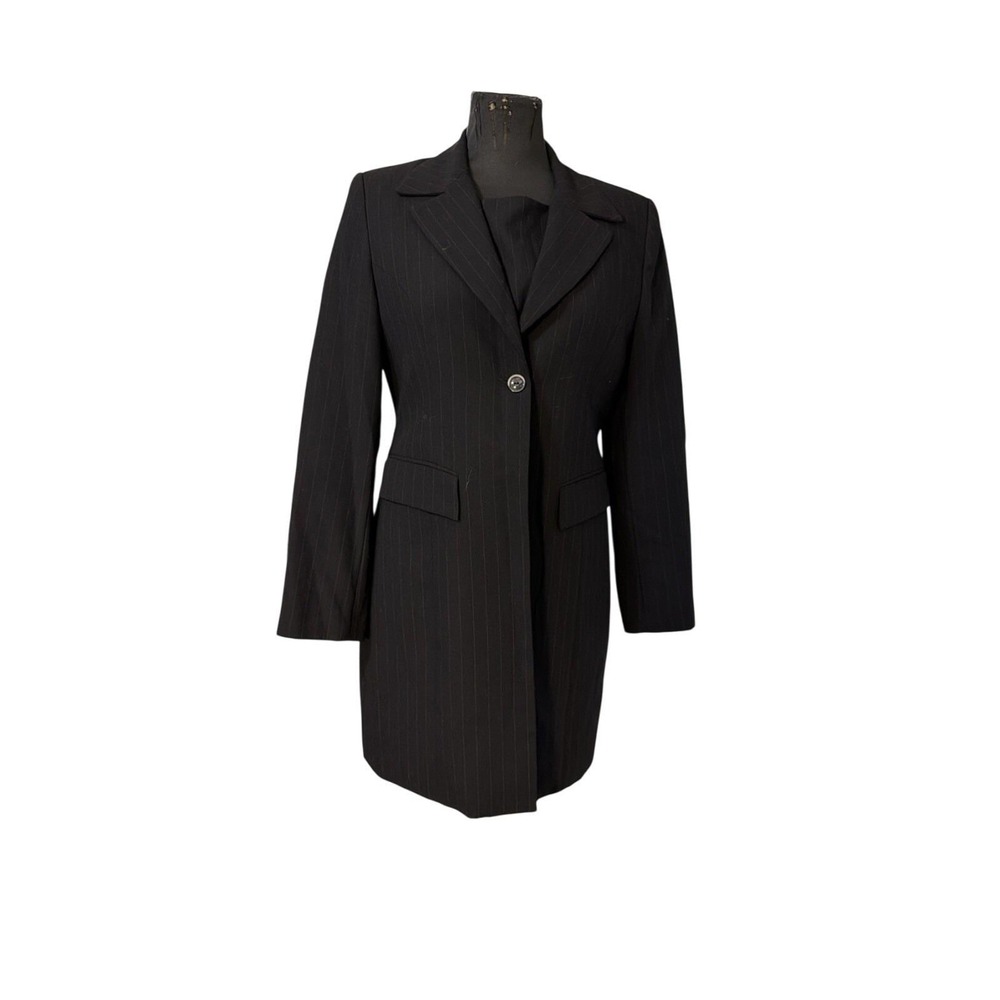 Tristan & Iseut pinstrip set Dress  suit black Tan strips Sz 10 Long Jacket